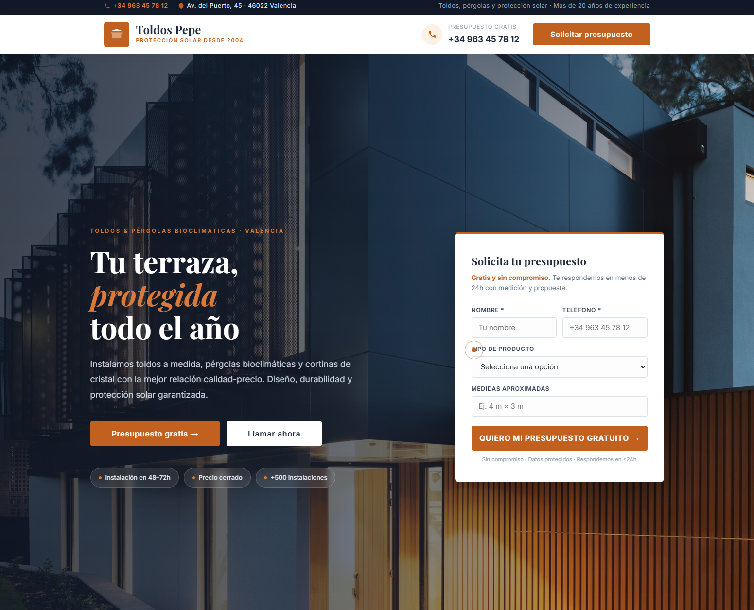 Diseño web para empresa de toldos